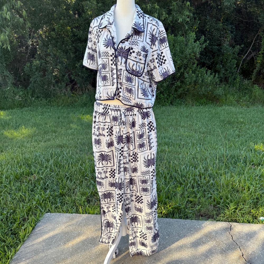 Palm Tree Resort Linen Blend Printed Pant Set Women L White Black Vacation - Picture 2 of 7